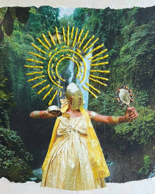 Colagem com bordado — figura dourada com auréola bordada diante de cachoeira